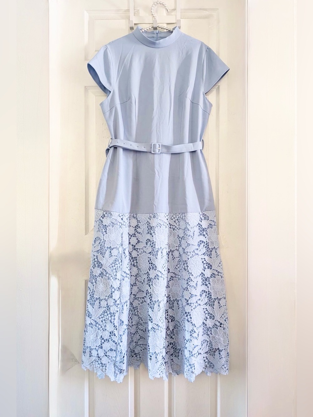 Commense Belted Short Sleeve Lace Hem Midi Dress - Picture 6 of 14